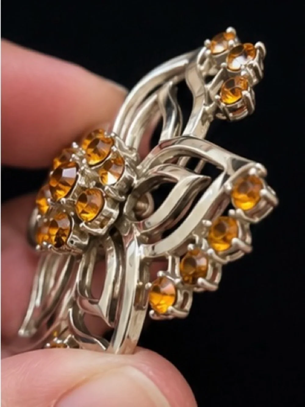 Vintage Cora Amber Rhinestone Floral Brooch | Silver Tone Openwork Pin | Signed